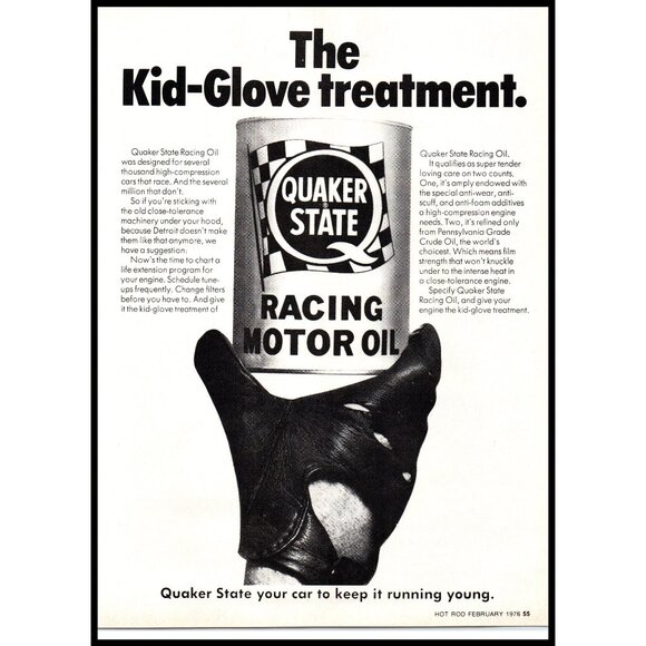 1976 Quaker State Racing Motor Oil Vintage Print Ad Driving Glove Kid Wall Art - Picture 1 of 1